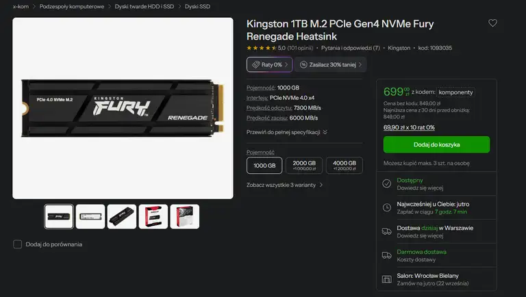 SSD Kingston 1TB M.2 PCIe Gen4 NVMe Fury Renegade z radiatorem