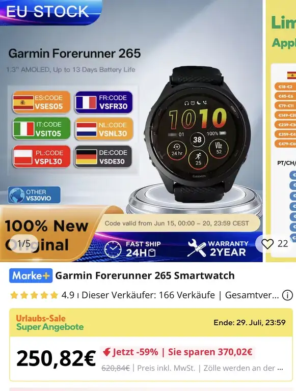 Garmin Forerunner 265 Laufuhr in schwarz