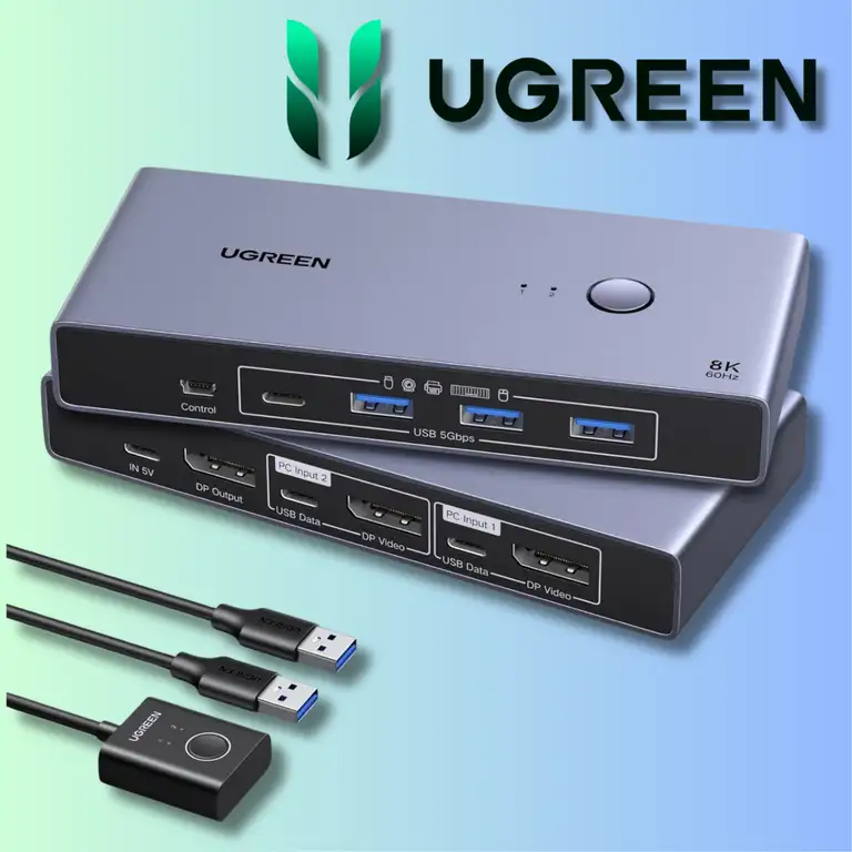 UGREEN DP 1.4 KVM Switch – 2 PC 1 Monitor mit 4 USB 3.0 Ports