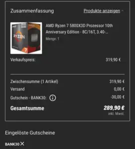 AMD Ryzen 7 5800X3D Anniversary Edition für 289,90€