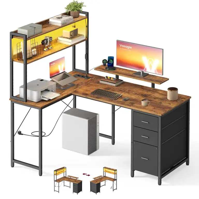 VASAGLE L-Form Schreibtisch mit Steckdosen und LED-Beleuchtung