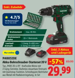 PARKSIDE Akku-Bohrschrauber-Set PABS 20-Li I9 mit 2 Akkus und Ladegerät