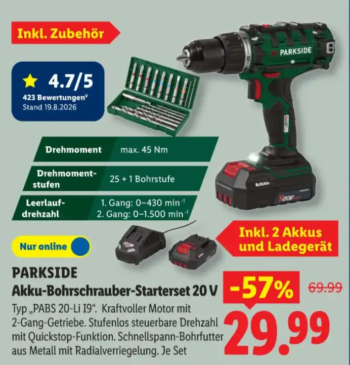 PARKSIDE Akku-Bohrschrauber-Set PABS 20-Li I9 mit 2 Akkus und Ladegerät