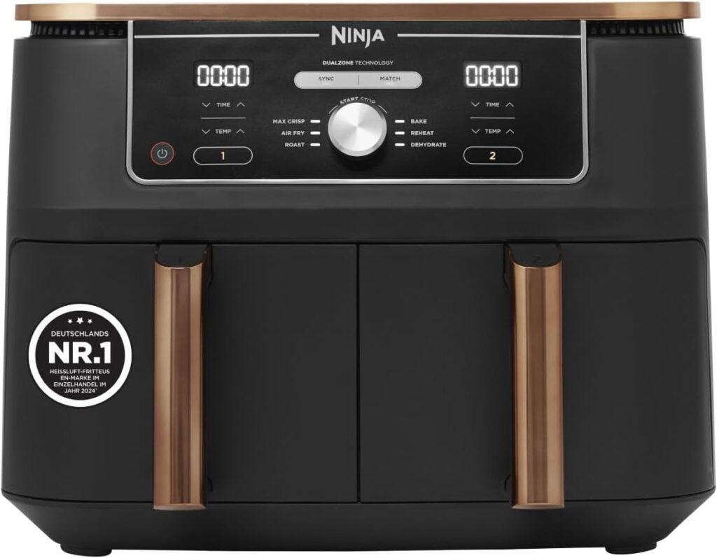 Ninja Foodi MAX Dual Zone Heißluftfritteuse, 9,5L Airfryer, 2 Fächer, mit Zange, Antihaftbeschichtung, spülmaschinenfeste Körbe, 6-in-1, Amazon Exklusiv, Kupfe…