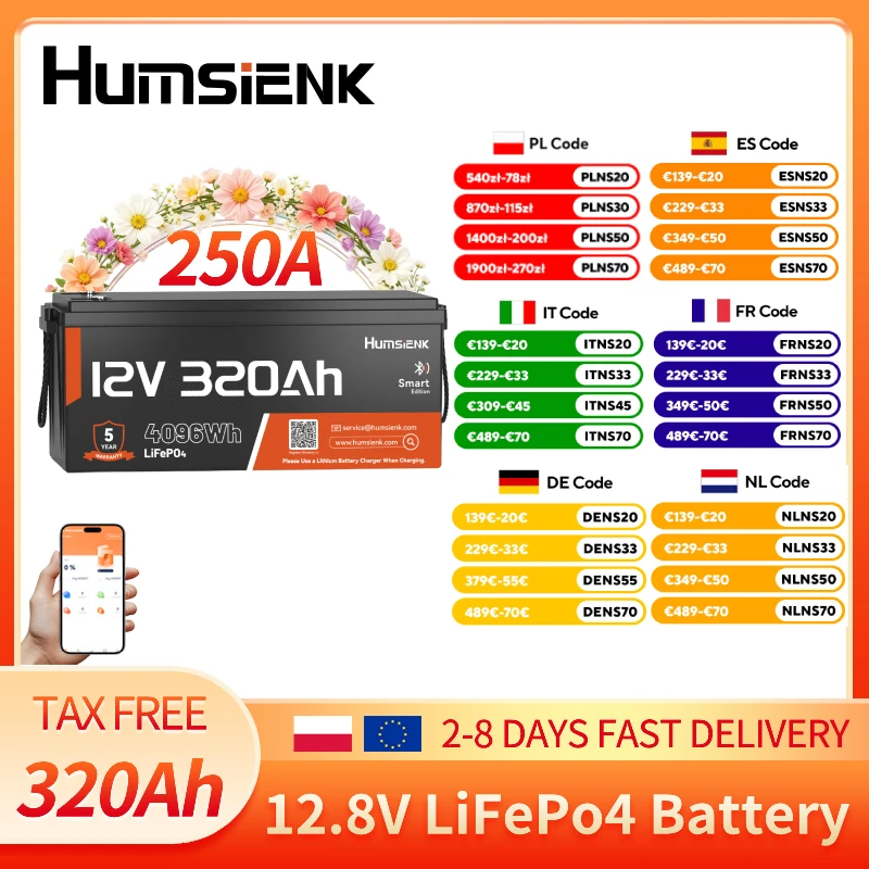 Humsienk LiFePO4 Batterie 12V 300Ah mit Bluetooth