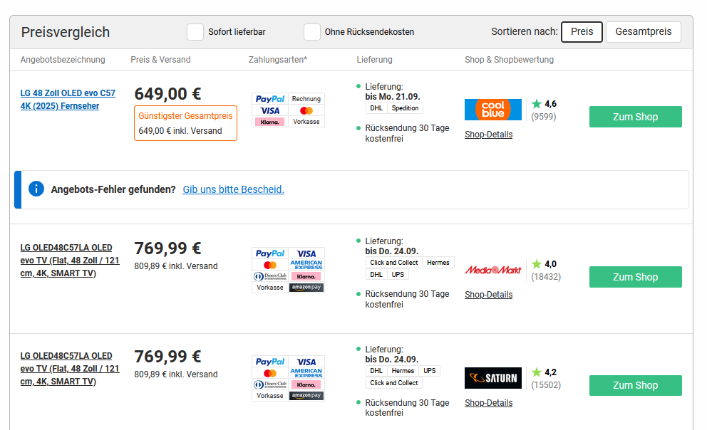 LG OLED48C57LA 4K-OLED-TV für 649€ bei Coolblue