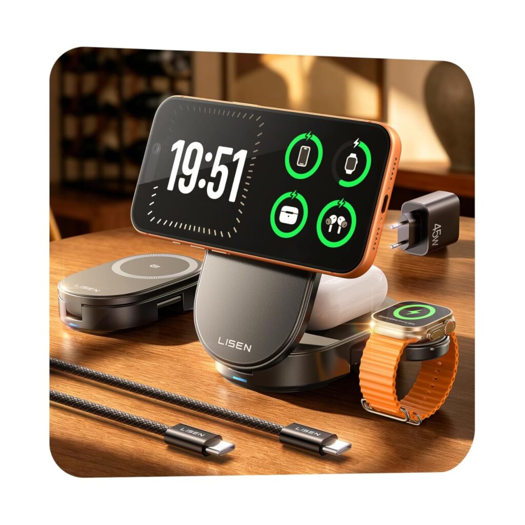 LISEN 3 in 1 Ladestation mit 25W Qi2.2 für iPhone, Apple Watch und AirPods