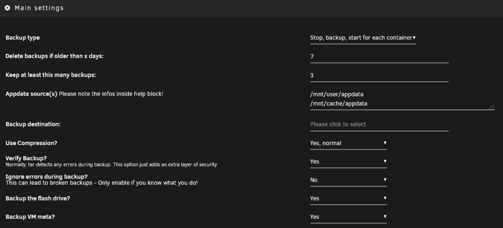Appdata Backup Hauptansicht in Unraid