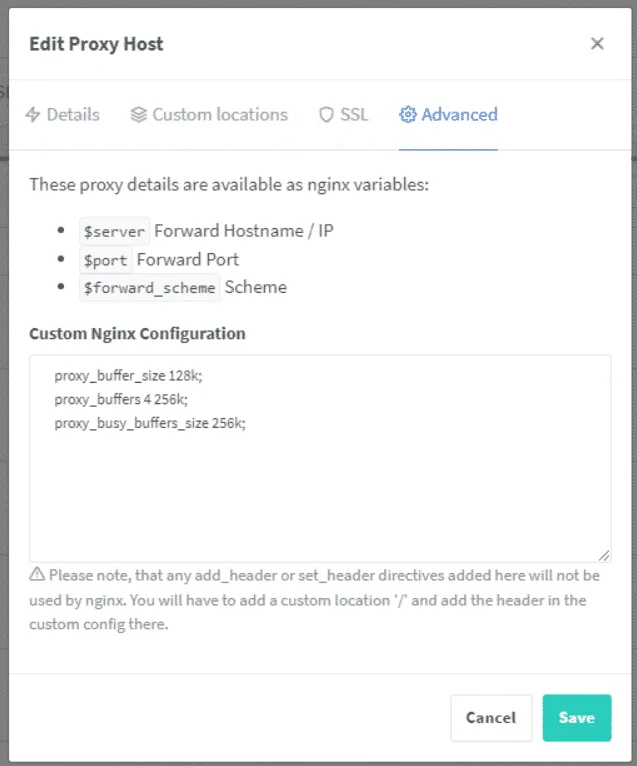 Advanced Settings im Nginx Proxy Manager mit angepasster Buffersize