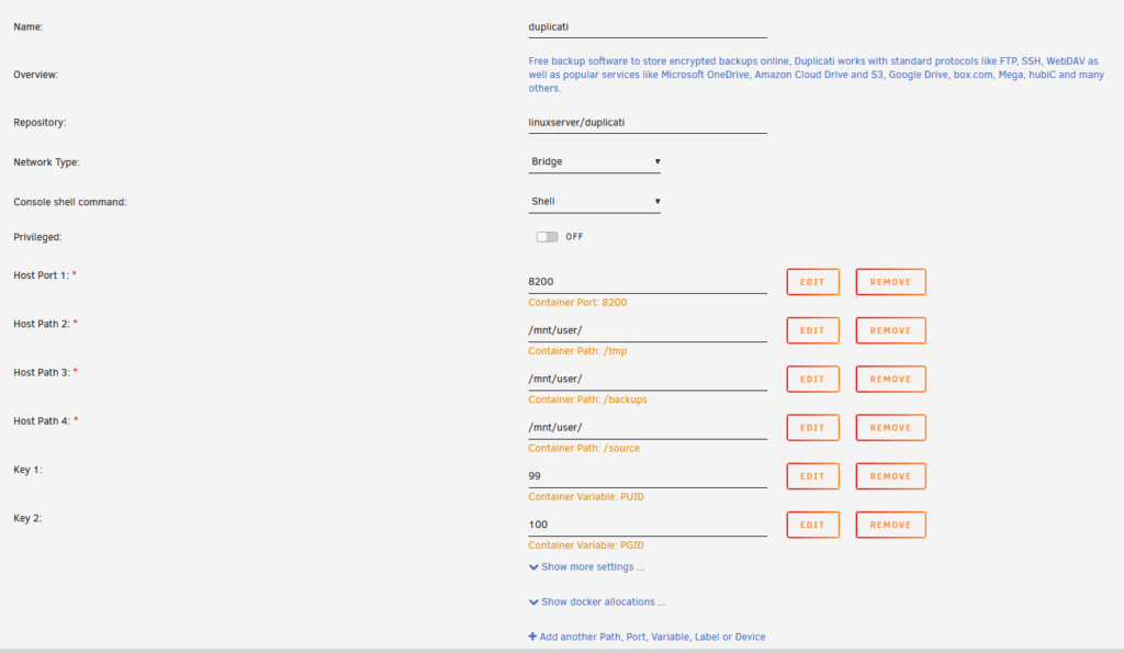 Duplicati Docker-Einstellungen in Unraid