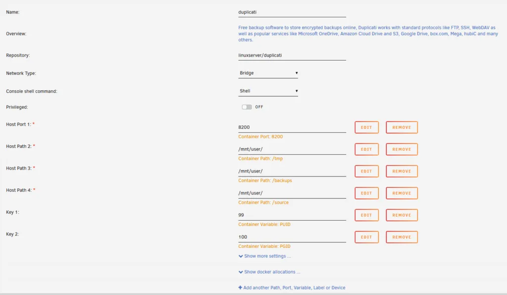 Duplicati Docker-Einstellungen in Unraid