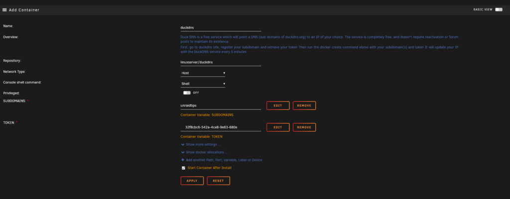 Konfiguration des DuckDNS Docker-Containers mit Subdomain und Token in Unraid