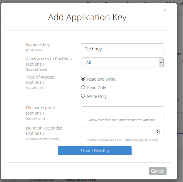 Application Key in Backblaze B2 anlegen