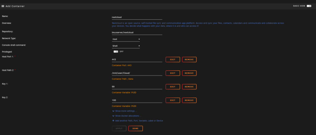 Konfiguration des Nextcloud-Docker-Containers unter Unraid