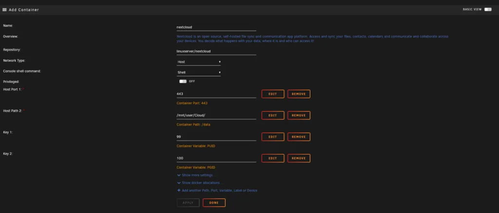 Konfiguration des Nextcloud-Docker-Containers unter Unraid