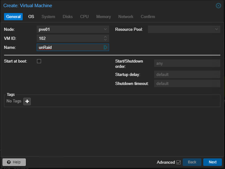Proxmox VM erstellen und Namen vergeben