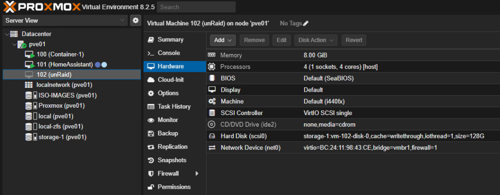 Proxmox unRAID VM Hardware bearbeiten