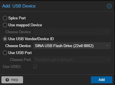 Proxmox USB-Device fuer unRAID Boot-Stick hinzufuegen