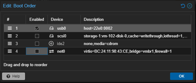 Proxmox Boot Order USB-Stick nach oben schieben