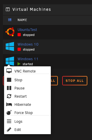 VM-Übersicht in Unraid mit VNC-Zugriff auf die Windows-11-VM