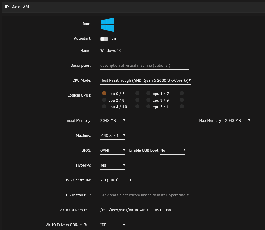Neue VM in Unraid über ADD VM mit der Windows-10-Vorlage anlegen