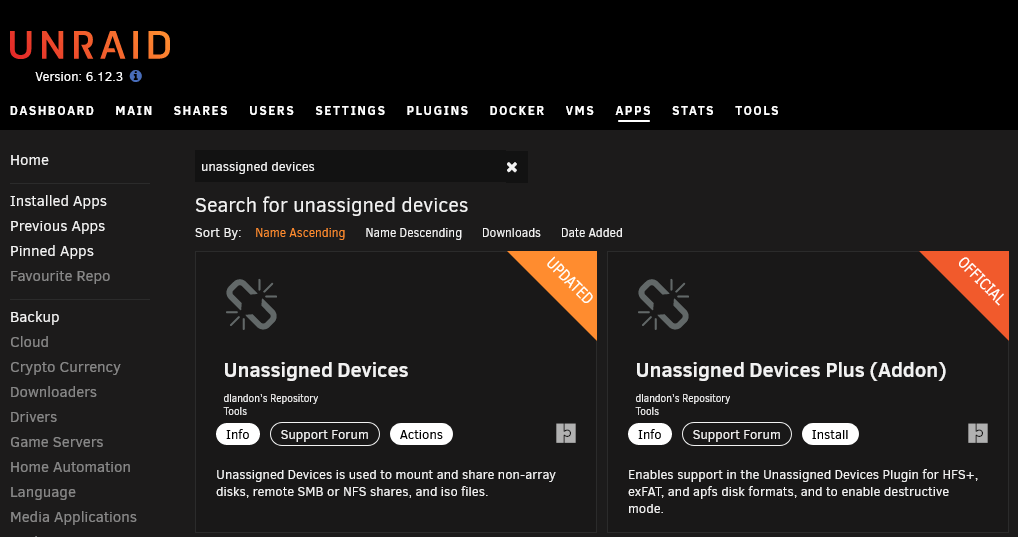 Unassigned Devices Plugin im Apps-Tab von Unraid suchen und installieren