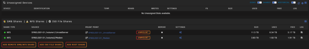 Abschnitt Unassigned Devices im Main-Tab mit Button Add Remote SMB/NFS Share