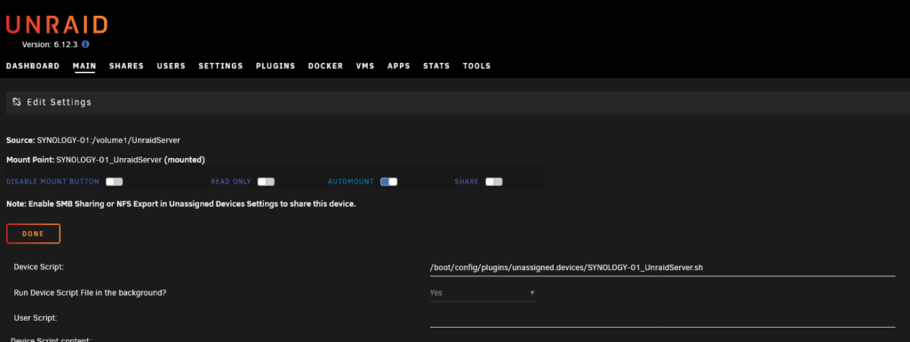 Automount fuer den Remote Share ueber das Zahnrad-Symbol in den Device Settings aktivieren