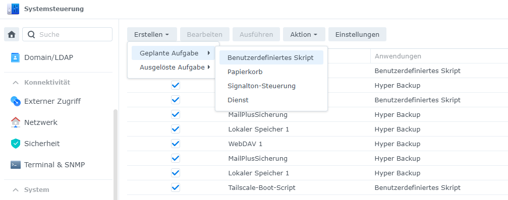 Synology Aufgabenplaner: benutzerdefiniertes Script anlegen