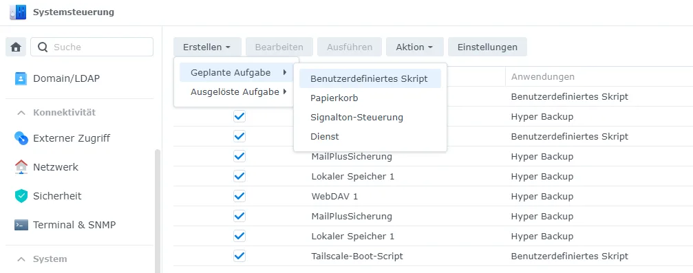 Synology Aufgabenplaner: benutzerdefiniertes Script anlegen