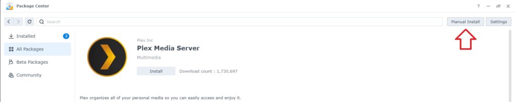 Synology Paket-Zentrum: Manuelle Installation starten