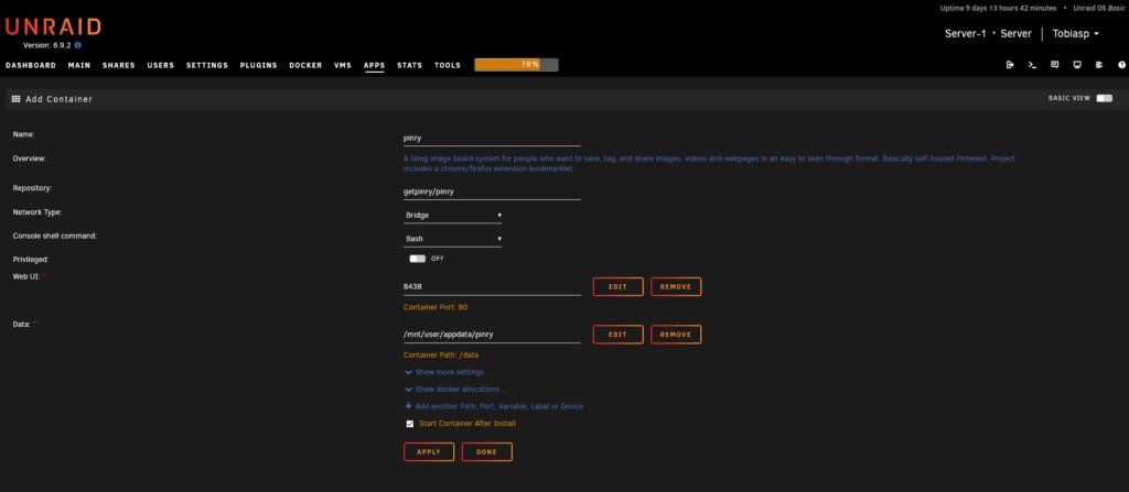 unRaid: Einstellungsfenster zum Hinzufügen eines Docker-Containers über das Community Applications Plugin