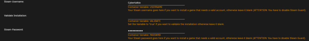 Steam-Anmeldung in den Einstellungen des ARK-Docker-Containers unter Unraid