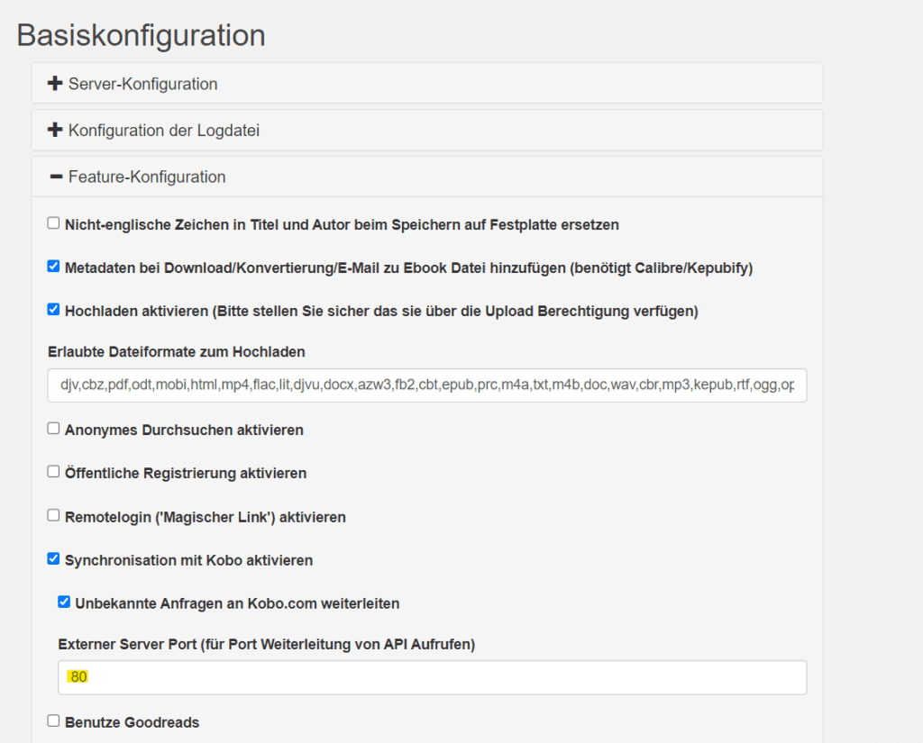 Calibre-Web Admin-Einstellungen mit API-Port für die Kobo-Synchronisation