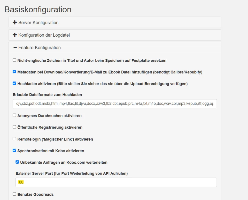 Calibre-Web Admin-Einstellungen mit API-Port für die Kobo-Synchronisation