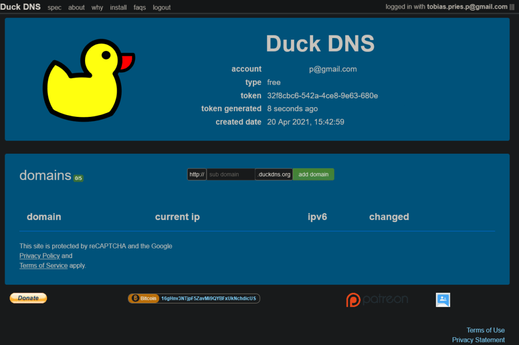 DuckDNS Dashboard nach dem Login zur Verwaltung der Subdomains