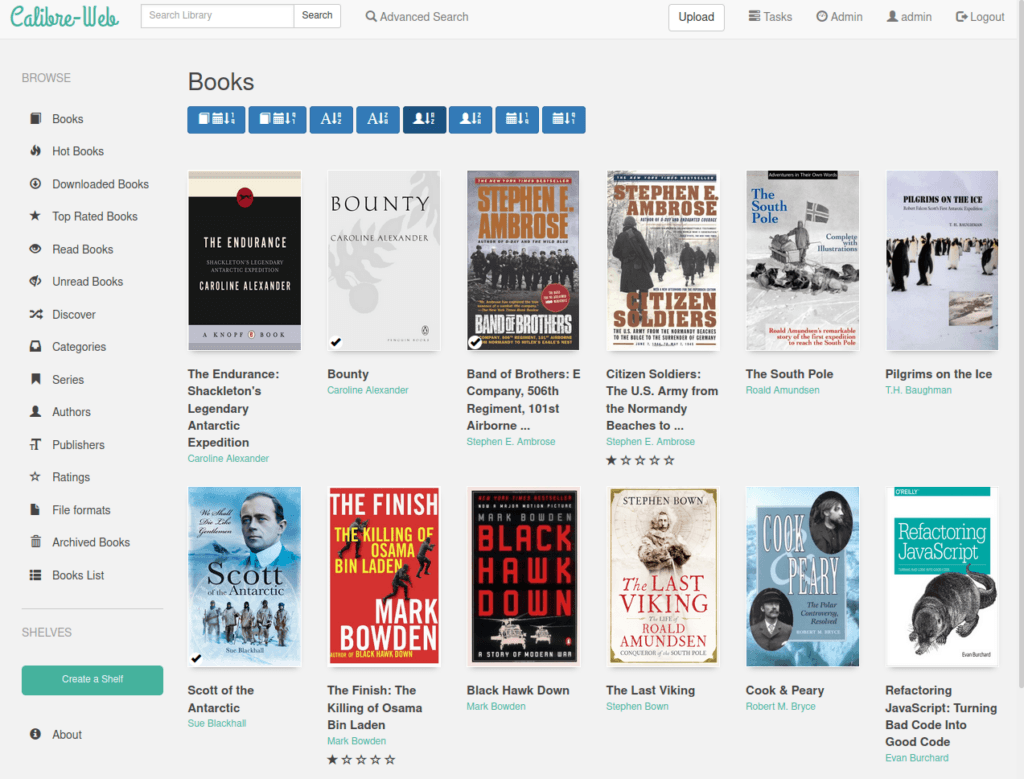 Calibre Web Hauptbildschirm mit der E-Book-Bibliothek im Browser