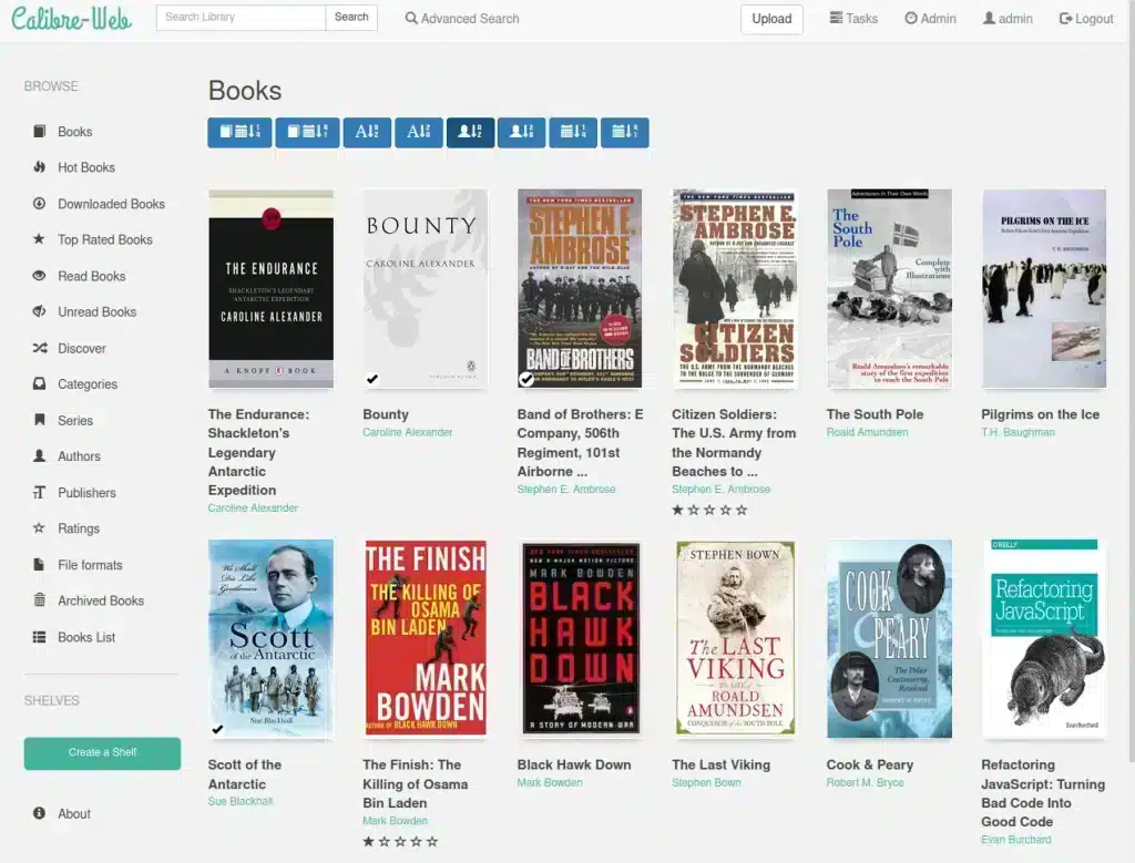 Calibre-Web Weboberfläche mit E-Book-Bibliothek im Browser