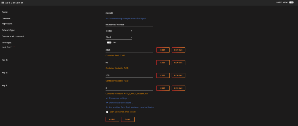 Konfiguration des MariaDB-Docker-Containers unter Unraid