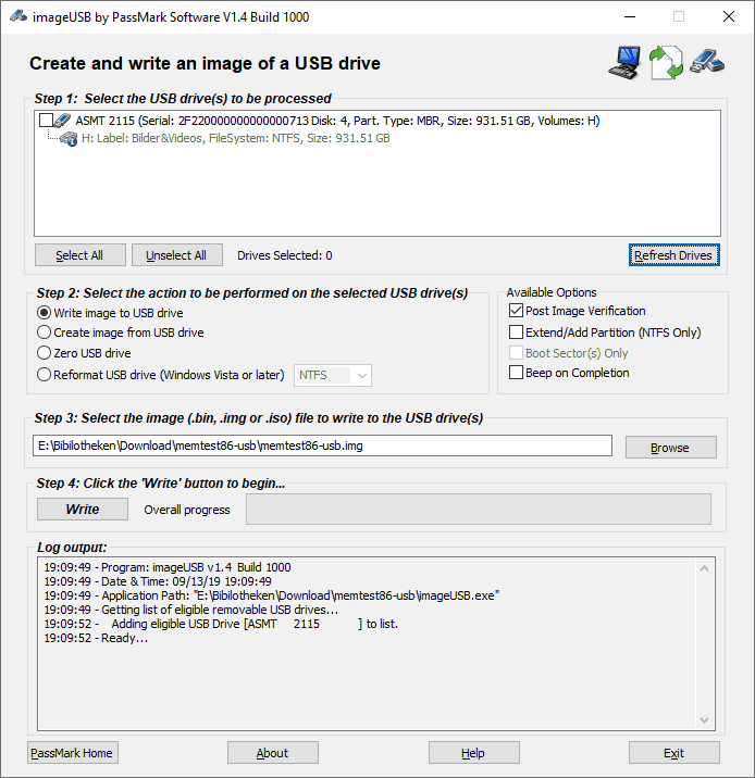 imageUSB.exe zum Erstellen eines bootfähigen Memtest86 USB-Sticks unter Windows