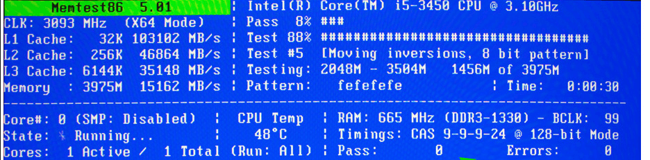 Memtest86+ Programmbildschirm ohne gefundene Speicherfehler