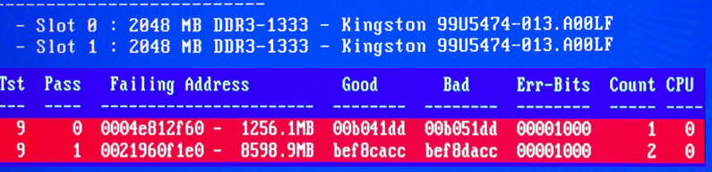 Memtest86+ zeigt gefundene Speicherfehler in einem roten Feld an