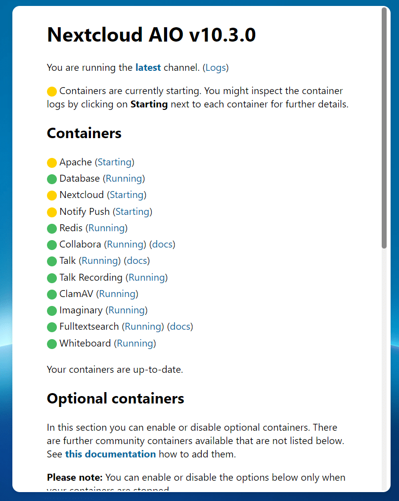Nextcloud AIO Weboberflaeche waehrend die Container gestartet werden