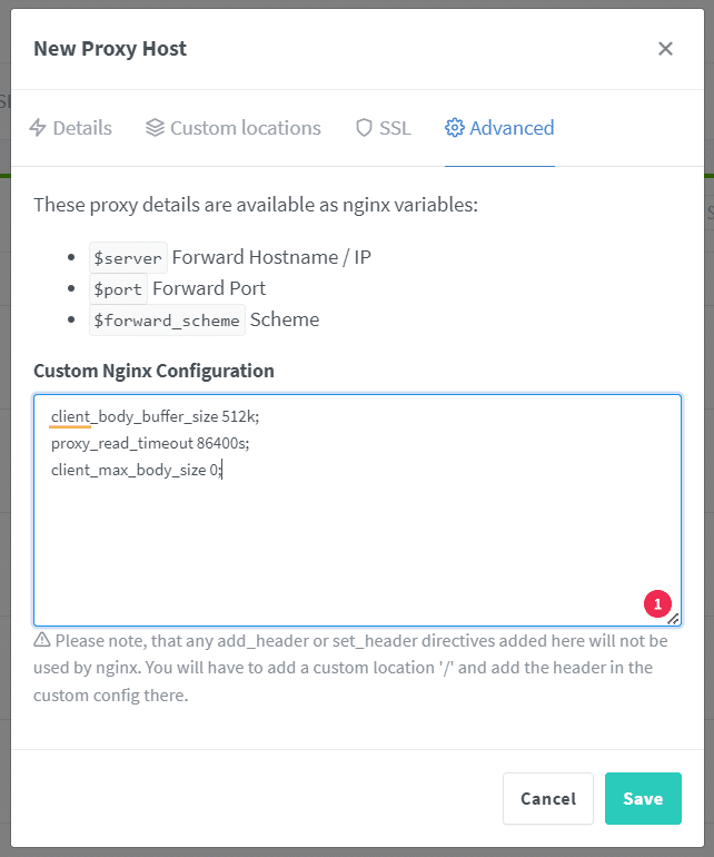 Advanced-Tab im Nginx Proxy Manager mit der Custom-Nginx-Konfiguration fuer Nextcloud AIO