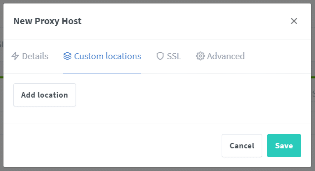 Leerer Custom-Locations-Tab im Nginx Proxy Manager