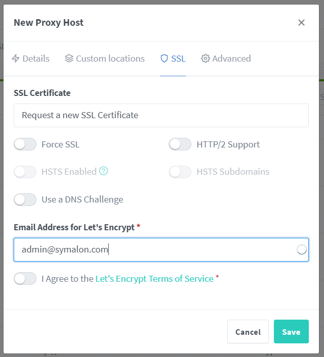 SSL-Tab im Nginx Proxy Manager mit Let's Encrypt, Force SSL und HTTP/2 fuer Nextcloud AIO
