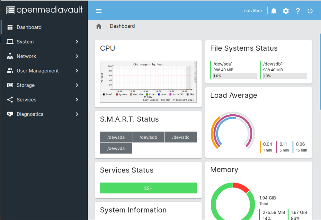 OpenMediaVault Dashboard
