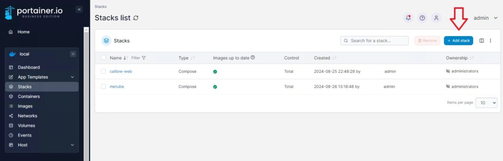 Portainer: Schaltfläche Add Stack zum Anlegen eines neuen Stacks