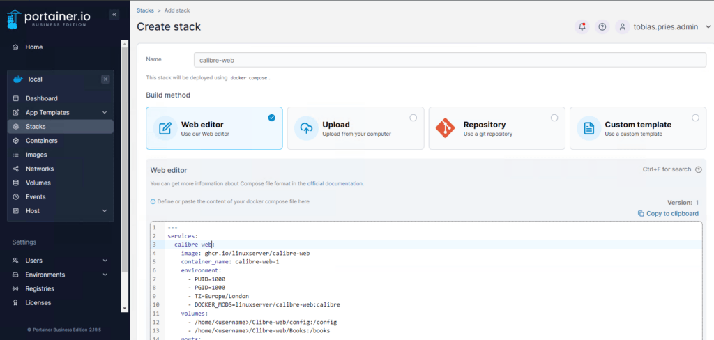 Docker-Compose für Calibre Web im Stack-Editor von Portainer einfügen