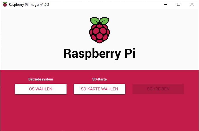 Raspberry Pi Imager mit Auswahl von Betriebssystem und Speichermedium